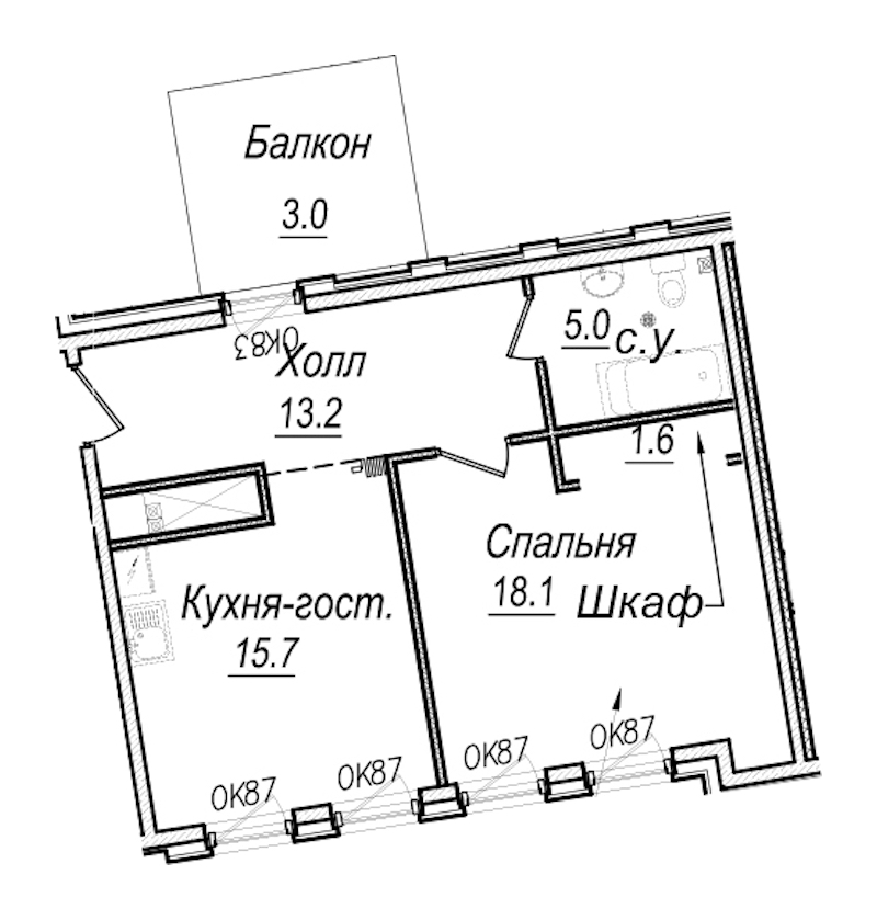1-комнатная квартира 54.5 м², 7/7 эт., Комплекс апартаментов «Meltzer Hall»